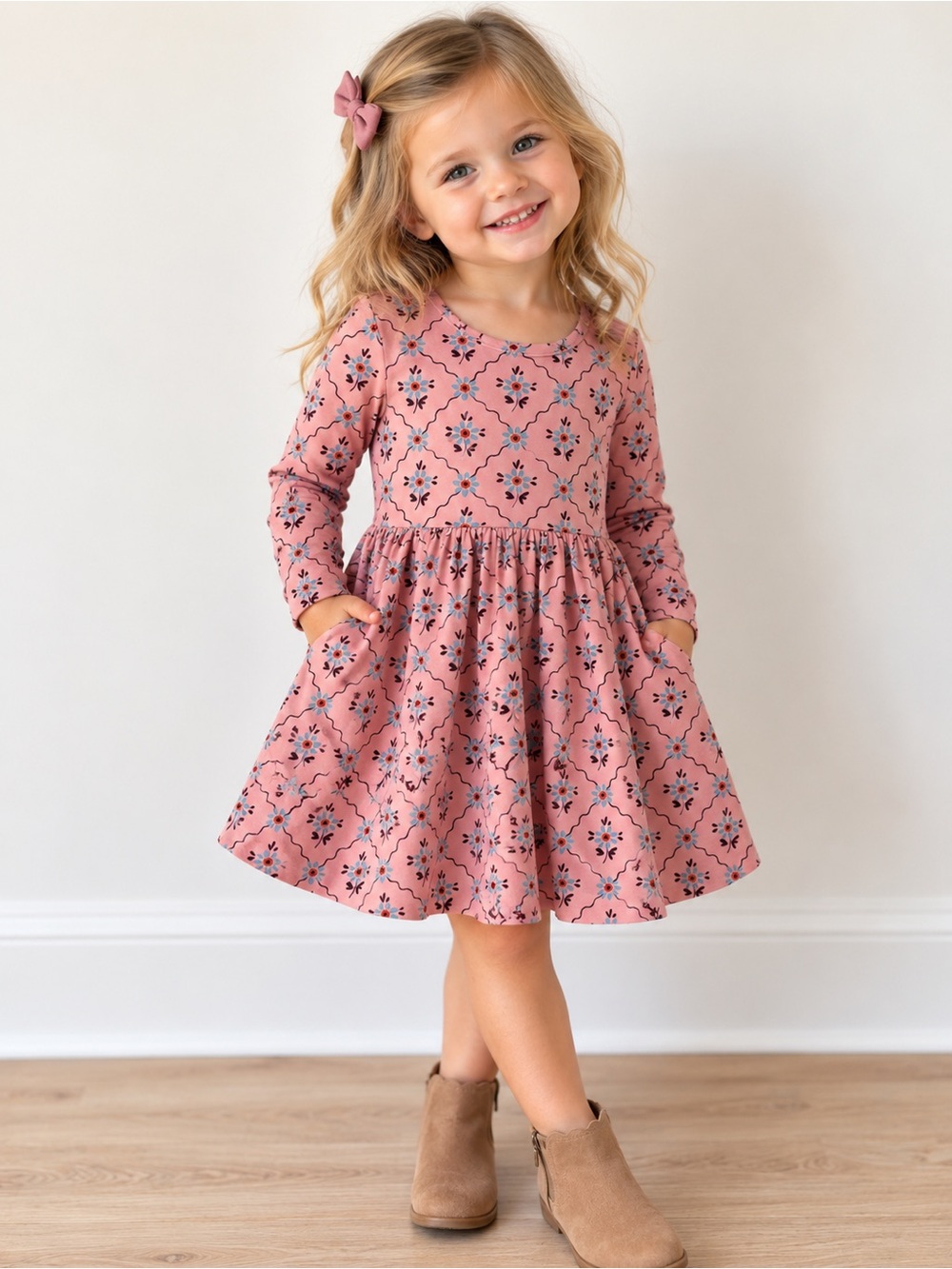 Hanna Andersson Girls Pink Floral Long Sleeve Twirl Dress Size 2T